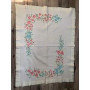 Vintage Baby Chatham White Silk Edge Baby Blanket Floral Blue and Pink 36x47"